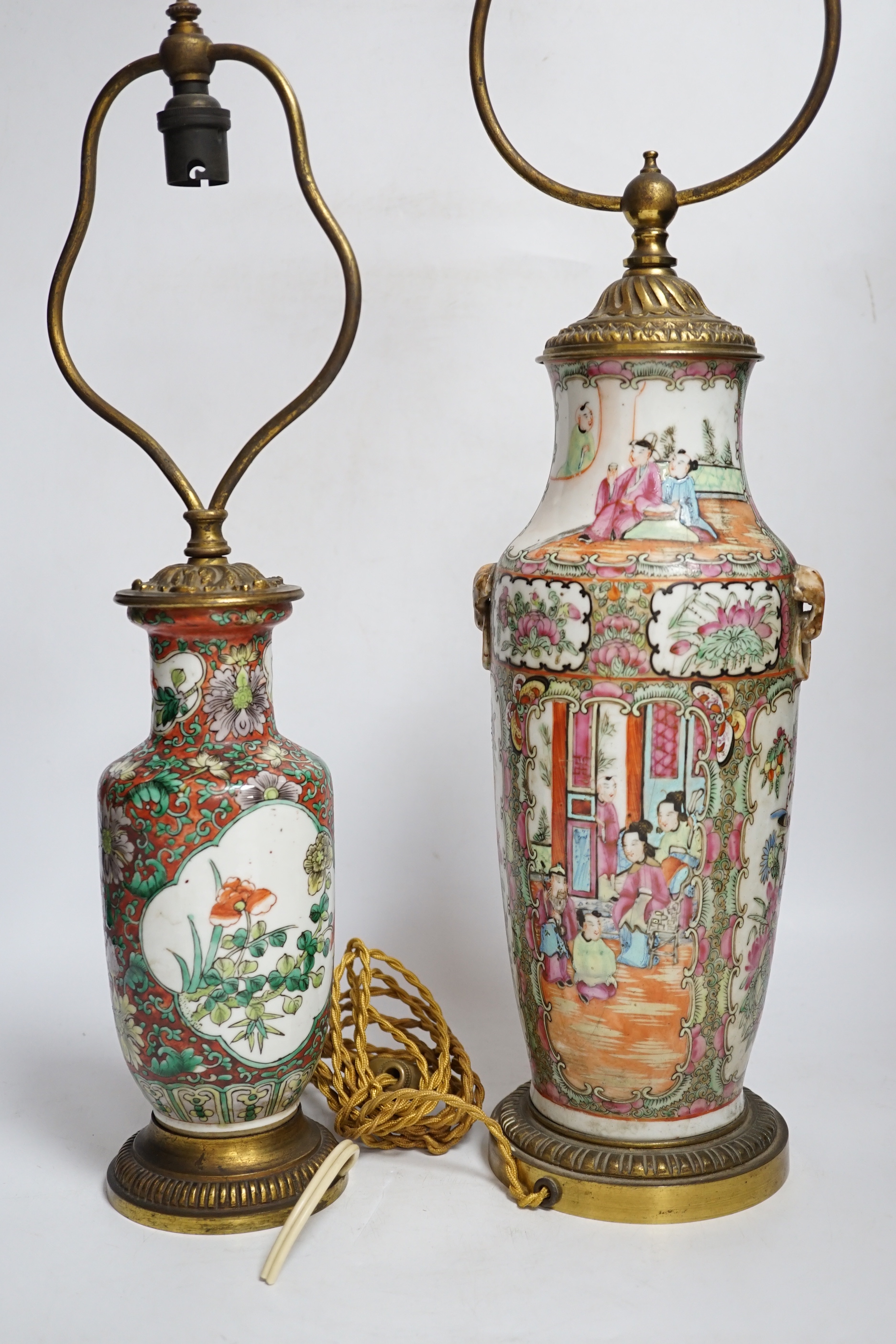 A late 19th century Chinese famille rose vase and another, both mounted and converted to lamps, tallest 62cm